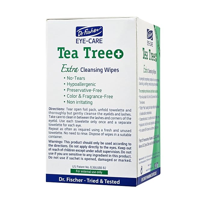 Dr. Fischer Tea Tree Oil Eye Wipes - Eyelid Wipes for Sensitive Eyes with Hyaluronic Acid and Chamomile, Makeup Remover, Daily Cleanser (30 wipes)-GlimoraGlow