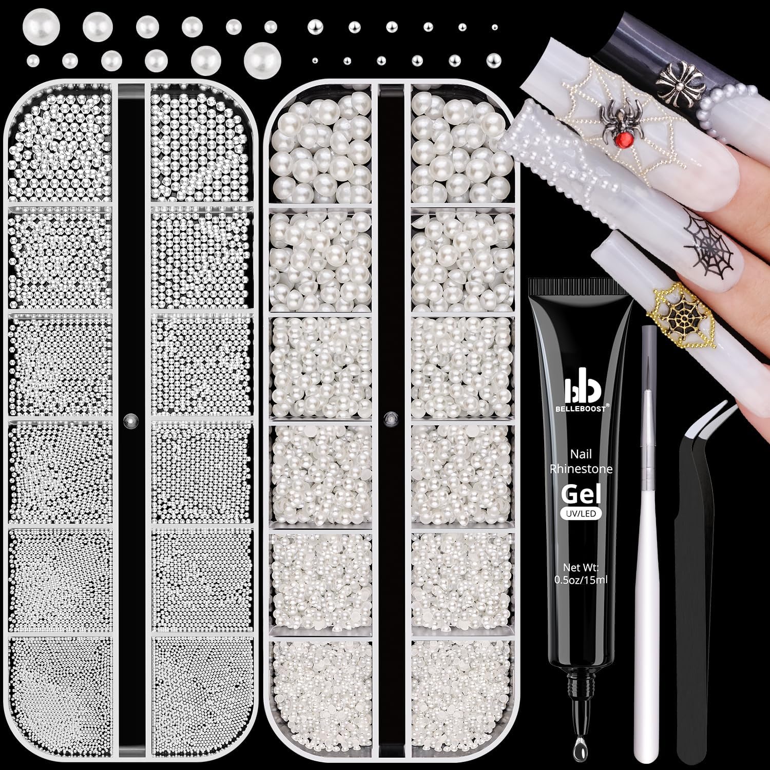 2 Boxes Flatback Pearls (White) and Metal Nail Beads (Silver) with Rhinestones Glue Gel for Nail Art, Pearl Nail Charms and Round Caviar Beads Nail Accessories for Acrylic Nail Tips Manicure Decor-GlimoraGlow