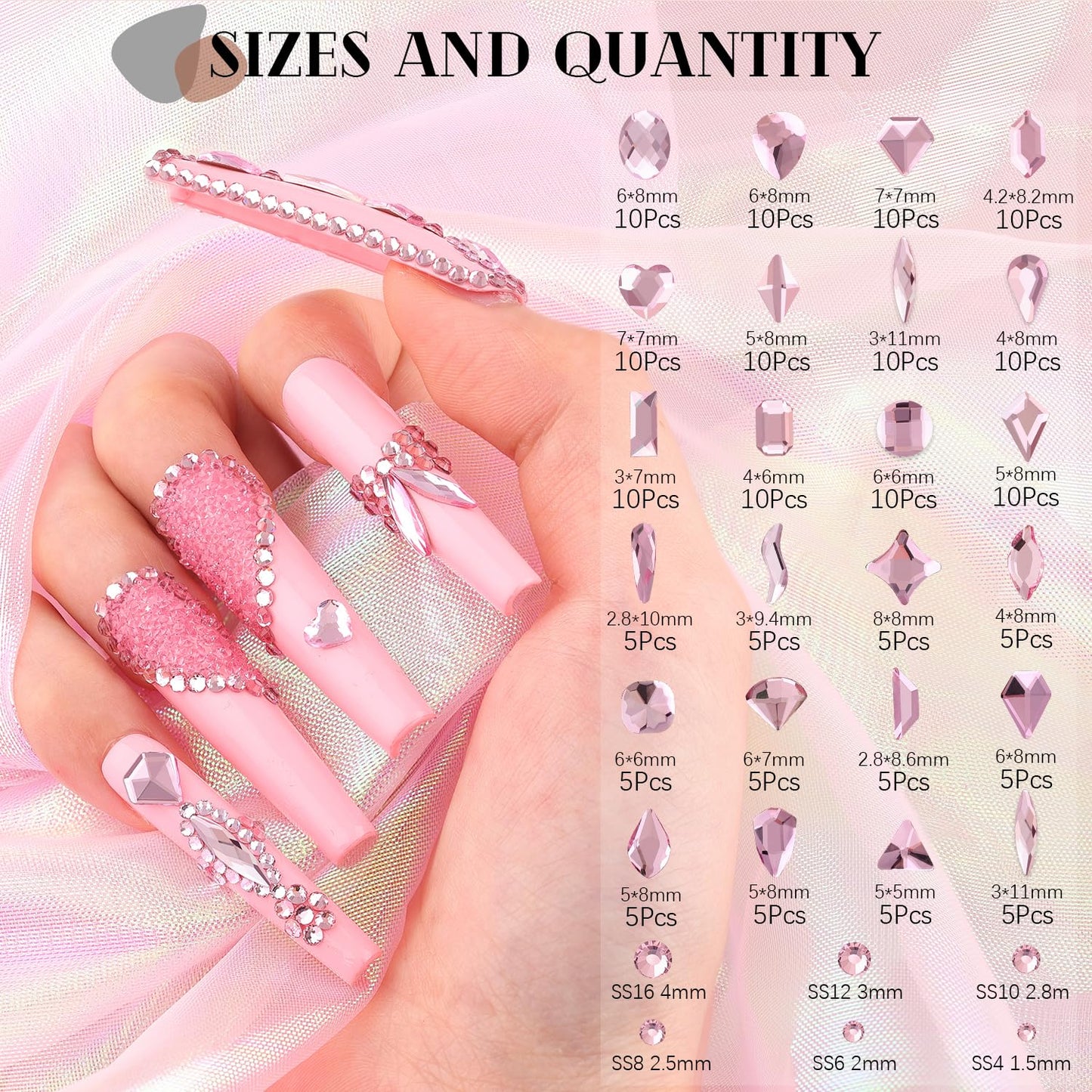 1680Pcs Pink Glass Nail Rhinestones 180Pcs Multi Shapes Flatback Nail Gems + 1500Pcs 1.5-4mm Round Crystal with Rhinestones Glue Gel, Manicure Nail Charms Diamond Gemstones for Nail Art-GlimoraGlow