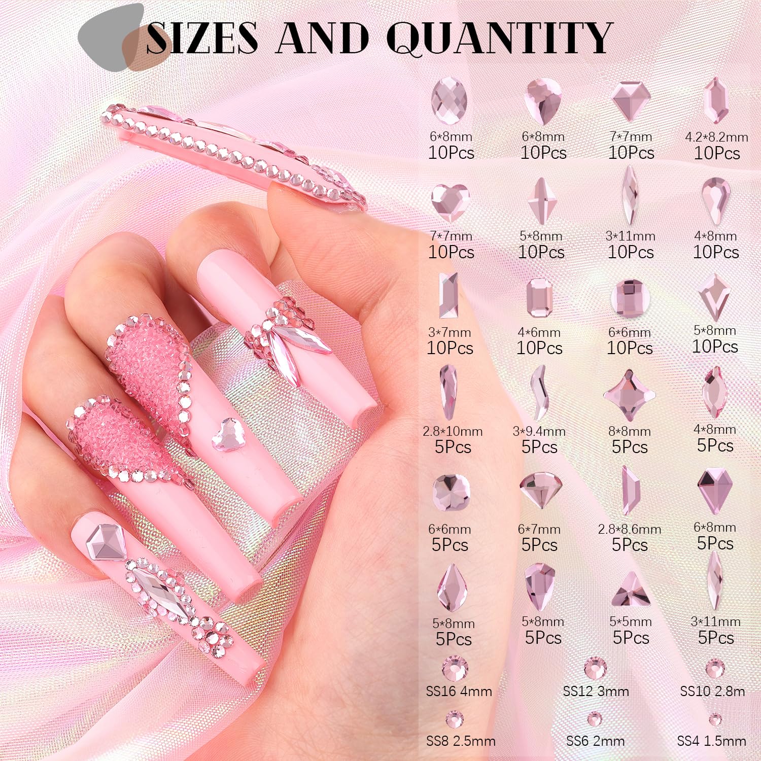 1680Pcs Pink Glass Nail Rhinestones 180Pcs Multi Shapes Flatback Nail Gems + 1500Pcs 1.5-4mm Round Crystal, Manicure Nail Charms Diamond Gemstones for Acrylic Nails Decoration-GlimoraGlow