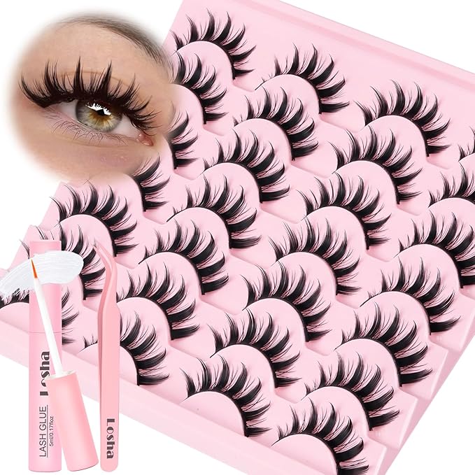 Losha Lashes Spiky Manga Lashes 14 Pairs Anime False Eyelashes 8D Wispy Eye Lashes Kit with Lash Glue and Lash Tweezers Natural Soft Fake Eyelashes (Cutes)-GlimoraGlow