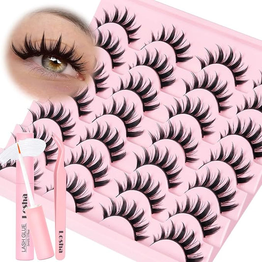Losha Lashes Spiky Manga Lashes 14 Pairs Anime False Eyelashes 8D Wispy Eye Lashes Kit with Lash Glue and Lash Tweezers Natural Soft Fake Eyelashes (Cutes)-GlimoraGlow