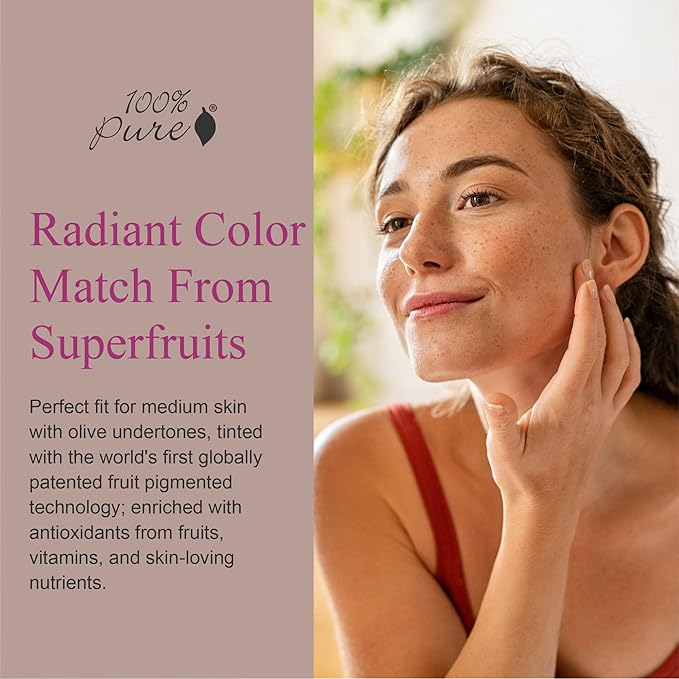 100% PURE Healthy Foundation Full Face Coverage Makeup, Liquid Matte Finish with Anti-Aging Benefits - Vegan Gorgeous Fruit Pigmented Peach Bisque Color (Medium with Olive Undertone) - 1 Fl Oz-GlimoraGlow