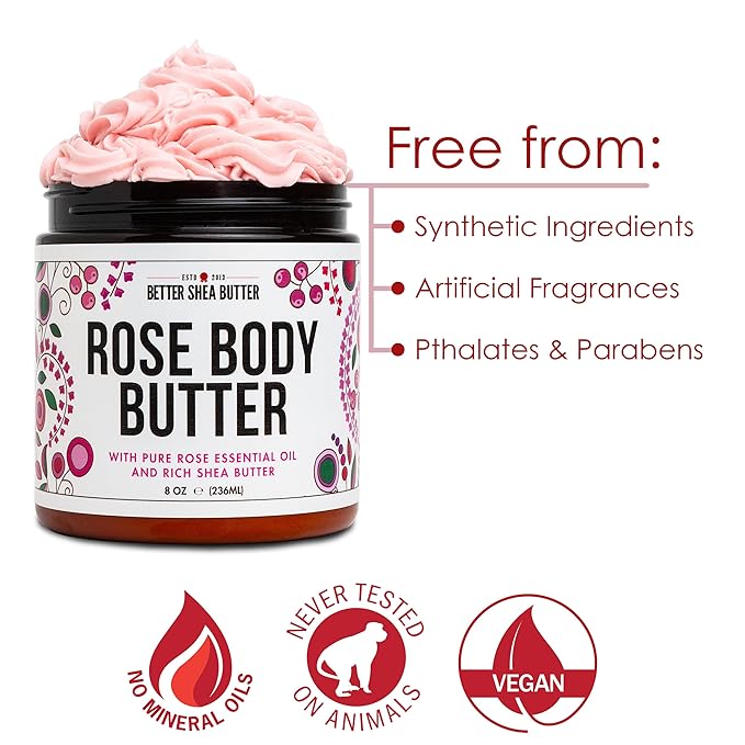 Rose Body Butter for Dry Skin with Whipped Shea Butter and Pure Essential Oil | Ultra Hydrating Rose Lotion for Women | All Natural Moisturizer with No Synthetic Fragrances-GlimoraGlow