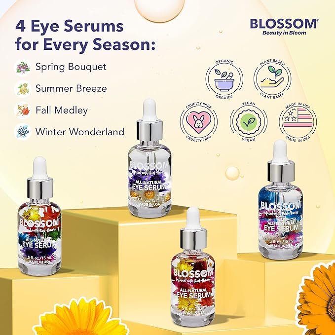Blossom All Natural Organic Cruelty Free Moisturizing Eye Serum with Essential Oils, Infused with Real Flowers, Made in USA, 0.5 fl. oz., Summer Breeze-GlimoraGlow