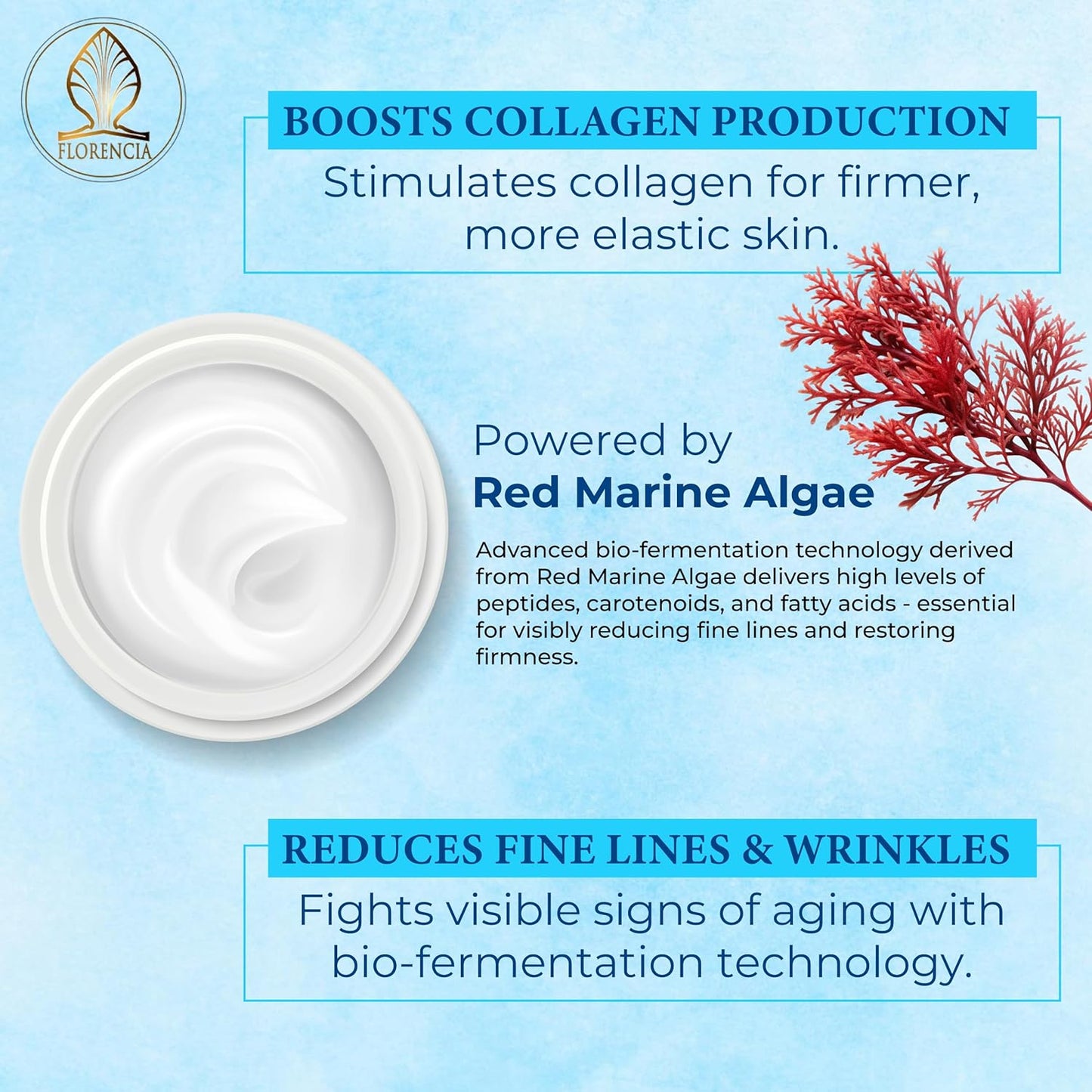 Florencia Marine Moisturizer - Youthful Radiance Face & Neck Cream - Hydrating, Nourishing, Wrinkle, Rejuvenating Cream with Marine Algae Extracts and Hyaluronic Acid for Men & Women, 2 oz-GlimoraGlow