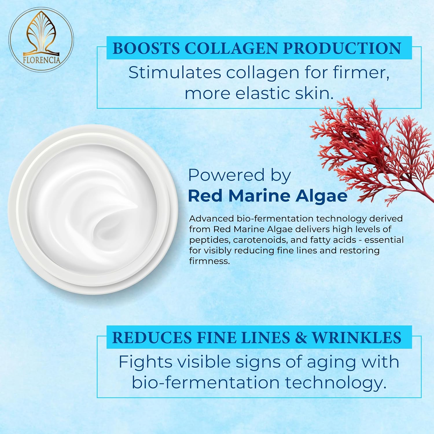 Florencia Marine Moisturizer - Youthful Radiance Face & Neck Cream - Hydrating, Nourishing, Wrinkle, Rejuvenating Cream with Marine Algae Extracts and Hyaluronic Acid for Men & Women, 2 oz-GlimoraGlow