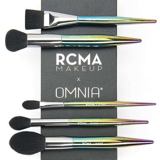 RCMA Makeup x Omnia Professional Makeup Brush 5pc Set, Premium Synthetic Fiber, Iridescent Acrylic Handle, Face Powders, Complexion and Foundation Blending Application Brush set.-GlimoraGlow