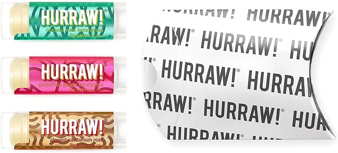 Hurraw! Pitta (Coconut, Mint, Lemon Grass), Kapha (Grapefruit, Ginger, Eucalyptus), Vata (Almond, Cardamon Rose) Lip Balms, 3 Pack Bundle: Organic, Certified Vegan, Cruelty, Gluten Free, 100% Natural-GlimoraGlow