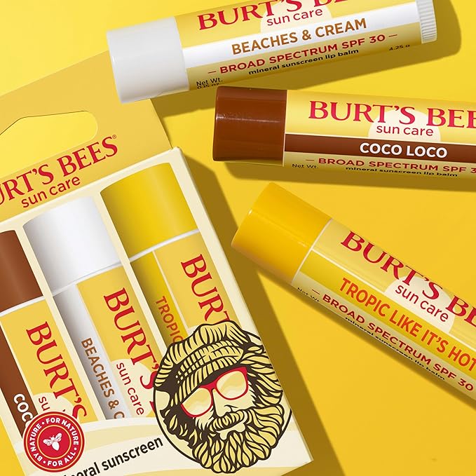 Burt’s Bees SPF 30 Lip Balm Mothers Day Gifts for Mom, Beaches and Cream, Water-Resistant Sun Care, Nano-Free Zinc Oxide Formula, Natural Origin Conditioning Lip Treatment, 3 Tubes, 0.15 oz.-GlimoraGlow