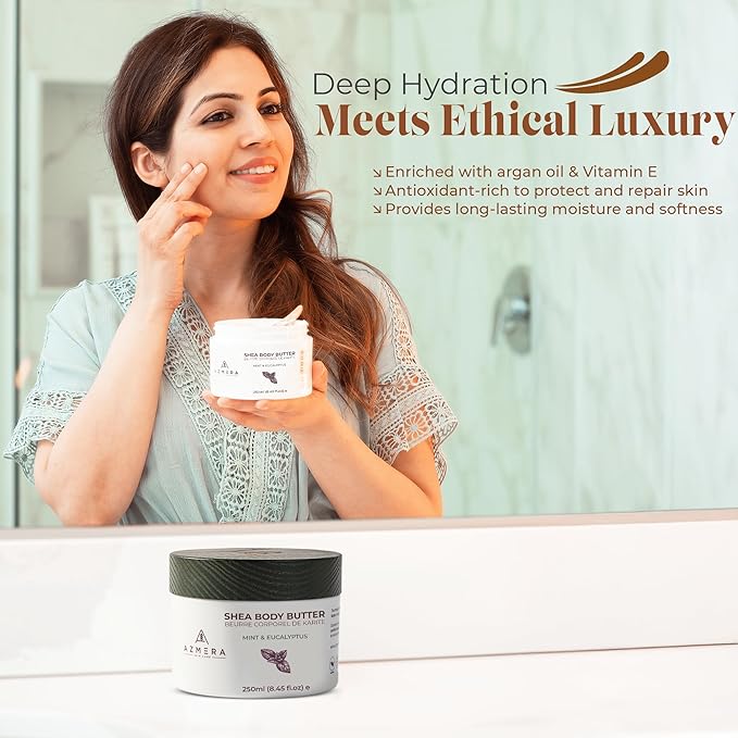 AZMERA Handcrafted Whipped Shea Body Butter – Refreshing Mint & Eucalyptus Scented Moisturizer for Dry, Sensitive Skin, Argan Oil & Vitamin E – Vegan, Non-Greasy Skincare – 8.82 oz-GlimoraGlow