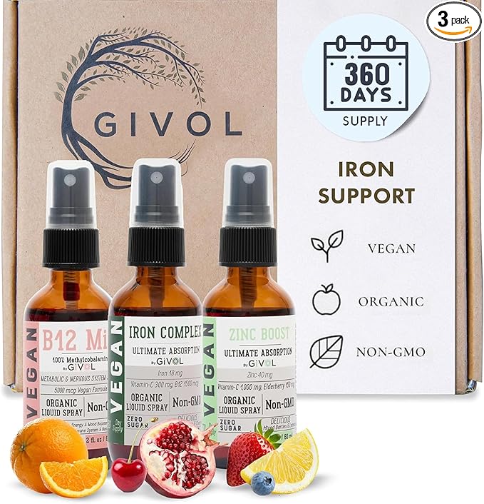 Iron Support Spray Bundle Liquid Vitamin B12 Methylcobalamin, Zinc Picolinate, and Bisglycinate | Non-GMO, Gluten-Free, Sugar-Free Iron Supplement | 2 Fl Oz Each | 360 Days Supply-GlimoraGlow