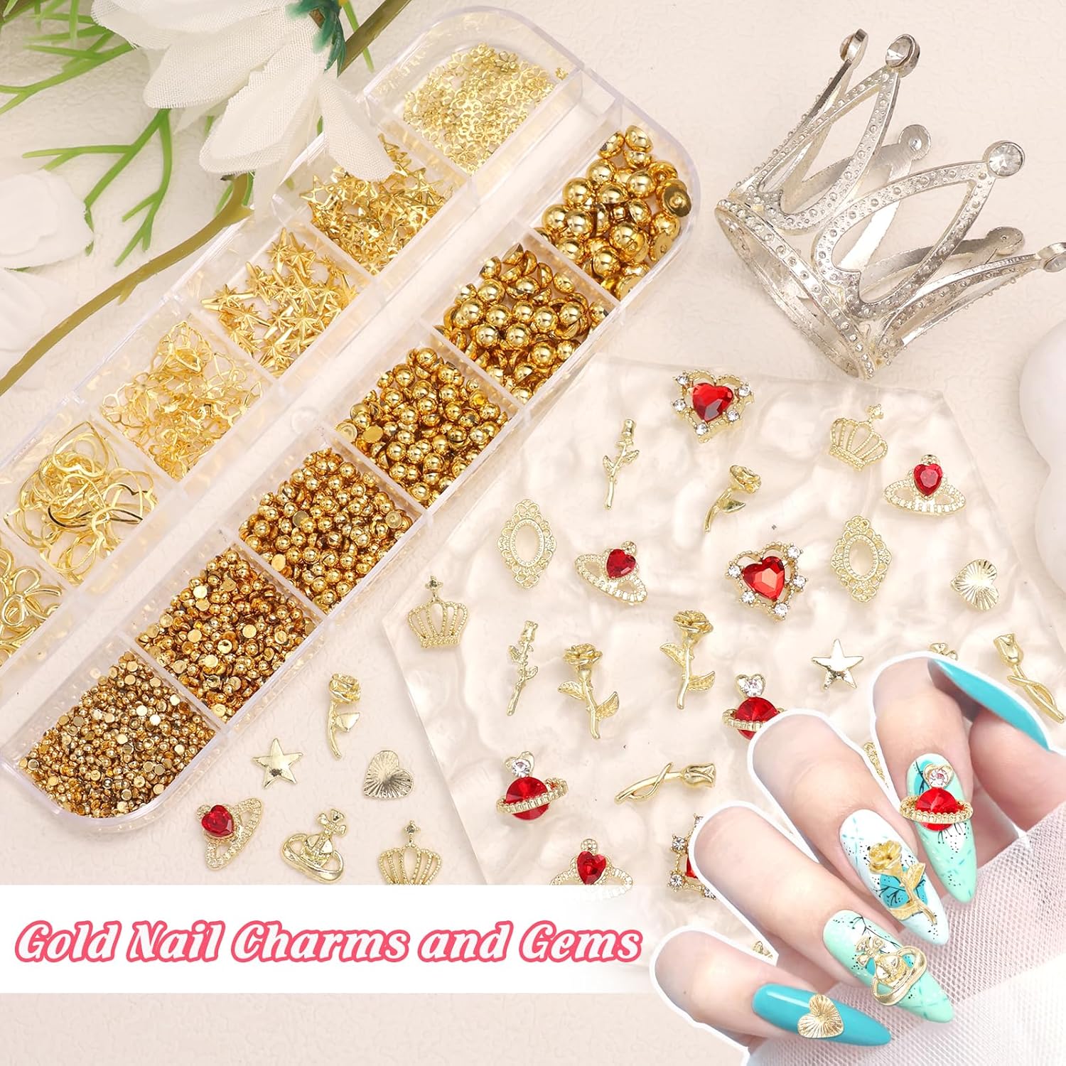 2 Boxes Metal Gold Nail Charms and Gems, 3D Alloy Crown Heart Planet Nail Gems Charms, Golden Bows Star Nail Studs, Gold Pearls Beads for Nails Art Designs DIY Accessories-GlimoraGlow