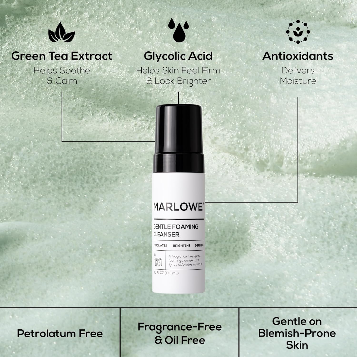 MARLOWE. No. 129 Gentle Foaming Facial Cleanser 4.5 Oz, Exfoliating, Brightening & Protective Daily Mens Face Wash with PHA, Natural Green Tea Extracts & Antioxidants, Unscented & Vegan-GlimoraGlow