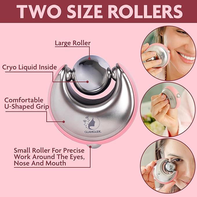 Cryo-Infused Ice Roller for Face Women Pack of 2 - Ergonomic Facial Ice Roller for Eyes, Cheeks, Nose, Mouth, Neck - Travel Freezer Face Depuffer Massager - Skincare Beauty Ice Globes for Face-GlimoraGlow