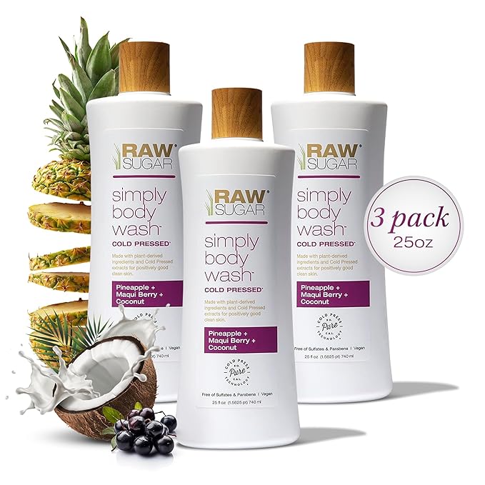 RAW SUGAR Simply Body Wash - Pineapple + Maqui Berry + Coconut, Moisturizing & Brightening Bath & Shower Gel, Sulfate-Free, Paraben-Free & Vegan (Pack of 3)-GlimoraGlow