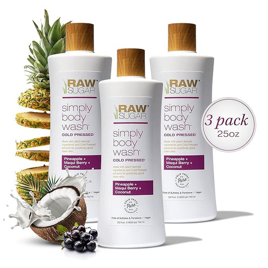 RAW SUGAR Simply Body Wash - Pineapple + Maqui Berry + Coconut, Moisturizing & Brightening Bath & Shower Gel, Sulfate-Free, Paraben-Free & Vegan (Pack of 3)-GlimoraGlow