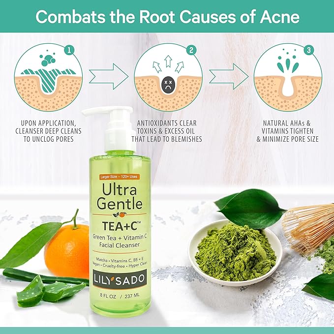 LILY SADO TEA+C™ Green Tea & Vitamin C Face Cleanser – Natural Vegan Antioxidant Daily Face Wash with Aloe, Rosehip, Meadowfoam - Gentle Deep Cleansing for Acne, Blackheads, Blemishes. 8 oz-GlimoraGlow
