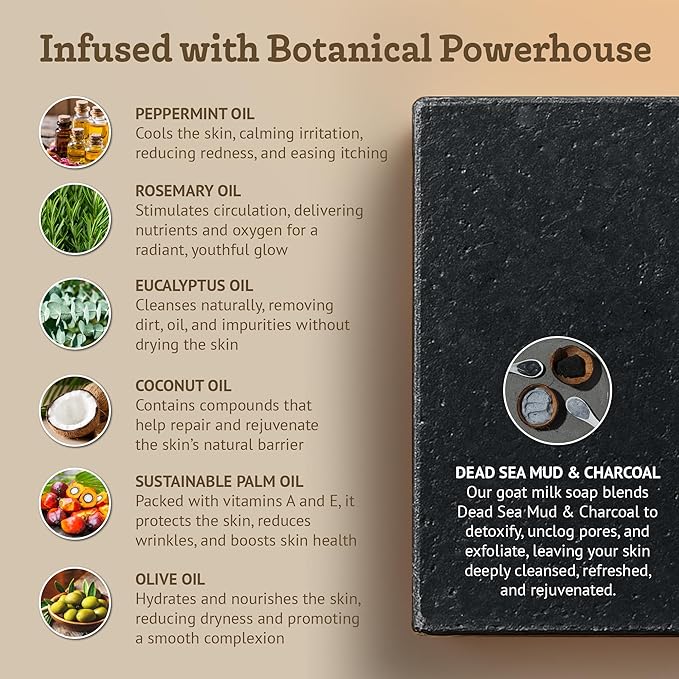 Southern Natural Activated Charcoal Soap Bar (3 Pack) Face and Body Soap For Sensitive Skin With Dead Sea Mud, Goat Milk & Peppermint Essential Oil-GlimoraGlow