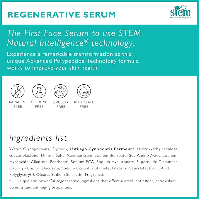 STEM Natural Intelligence Skin and Face ReGenerative Serum for Women, Facial Moisturizer Skin Care Peptides Serum, Luxury Face Moisturizer for Women, Hydration Serums, Antioxidant Support Serums, 1 oz-GlimoraGlow