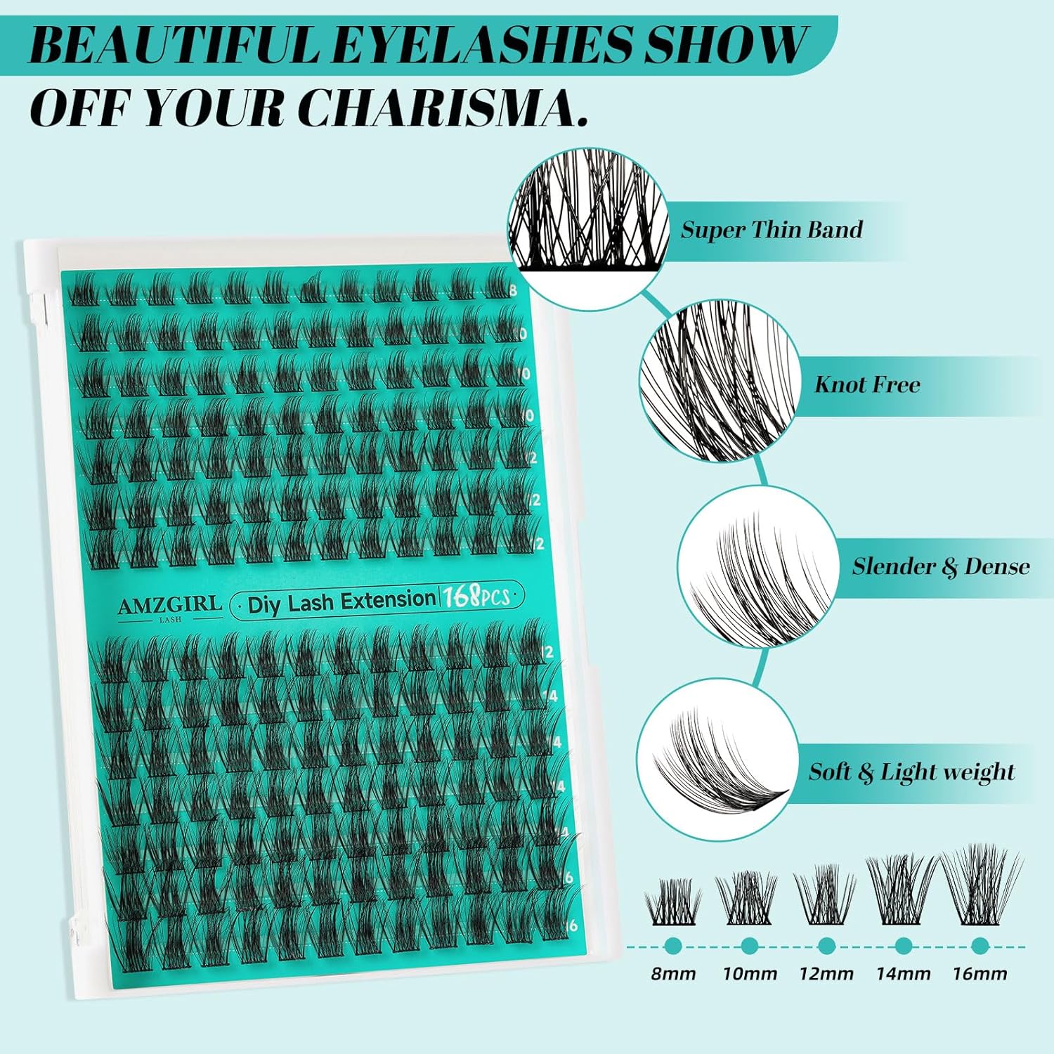 Lash Extension Kit,DIY Eyelash Clusters Kit 168Pcs with Lash Bond and Seal Glue Waterproof,Eyelashes Remover for Lash Cluster Extensions Kit for Beginner,Lashes Applicator Tool(Medusa,D-Mix8-16mm Kit)-GlimoraGlow