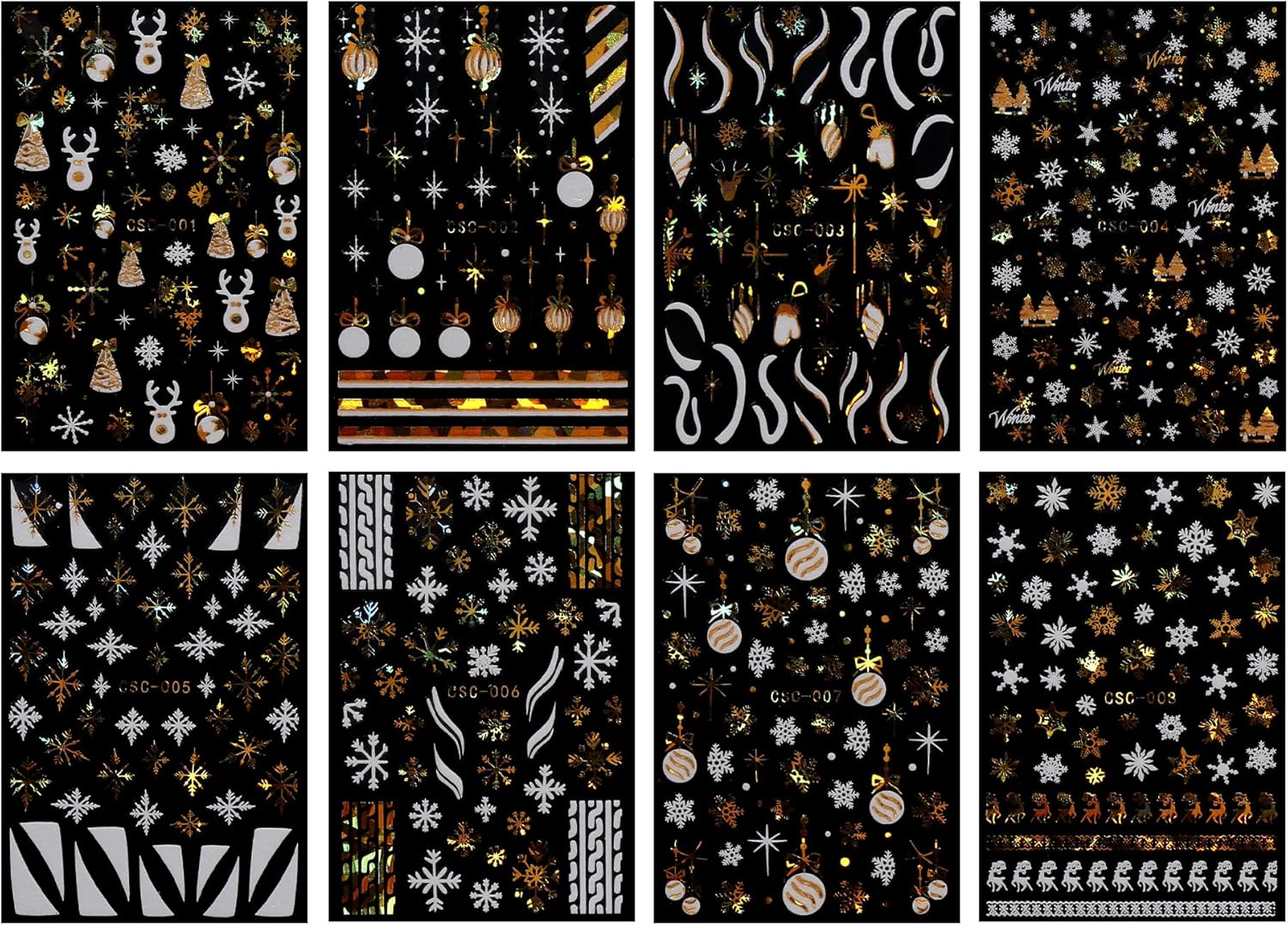 JMEOWIO 8 Sheets Christmas White Glitter Gold Nail Art Stickers Decals Self-Adhesive Snowflake Winter Holiday Nail Supplies Nail Art Design Decoration Accessories-GlimoraGlow