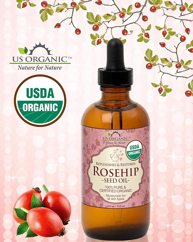 US Organic Rosehip Seed Oil, USDA Certified Organic, Cold Pressed, Virgin Organic, Amber Glass Bottle and Glass Eyedropper for Easy Application - 4 oz (115 ml)-GlimoraGlow