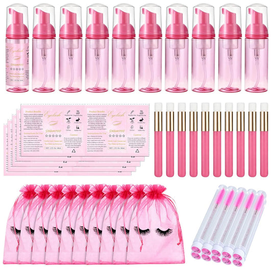 50 Pcs Lash Shampoo Bottle Brushes Set 10 Empty Foam Pump Dispensers 10 Label Stickers 10 Mascara Wands Tubes 10 Cleansing Brush 10 Bag for Eyelash Extensions Aftercare(Rose Red)-GlimoraGlow