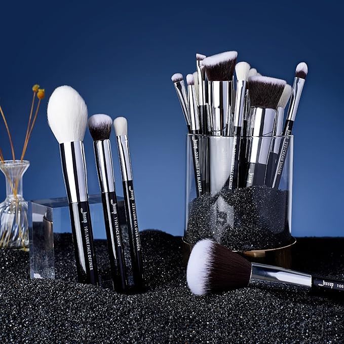 Jessup 25pcs Professional Makeup Brush Set Foundation Powder Concealer Eyeshadow Blending Blush Highlighter Natural-Synthetic Hair Brushes (Black/Silver)-GlimoraGlow