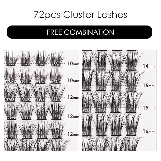 Cluster Lashes 72 Individual Lashes Clusters Eyelash Extensions False Eyelashes DIY Lash Extension Kit Reusable False Eyelashes Natural Look Mix 10-16mm C D Curl-DM06-GlimoraGlow