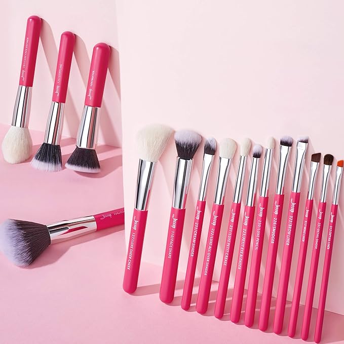 Jessup Brand 25pcs Professional Makeup Brush Set Beauty Cosmetic Foundation Powder Blusher Eye Shadow Blending Concealer Highlight Natural-Synthetic Hair Brushes Set (Rose Carmine/Silver)-GlimoraGlow
