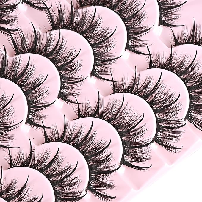 FARRED Wispy Lashes Hybrid Mink Eyelashes 14 Pairs Short Cat Eye Natural Fluffy False Eyelashes Faux Mink Strip Eye Lashes Pack for Daily Makeup (F17 | 8-16 mm)-GlimoraGlow