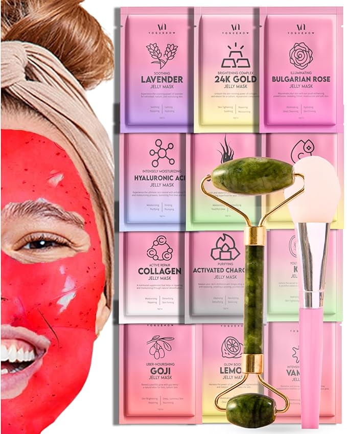 Jelly Mask for Facials - 12 Flavors Hydrating & Brightening Jelly Face Masks | Free Jade Roller & Spatula | Bulgarian Rose, Lavender, Hyaluronic Acid, 24K Gold face mask skin care |Vajacial Jelly Mask-GlimoraGlow