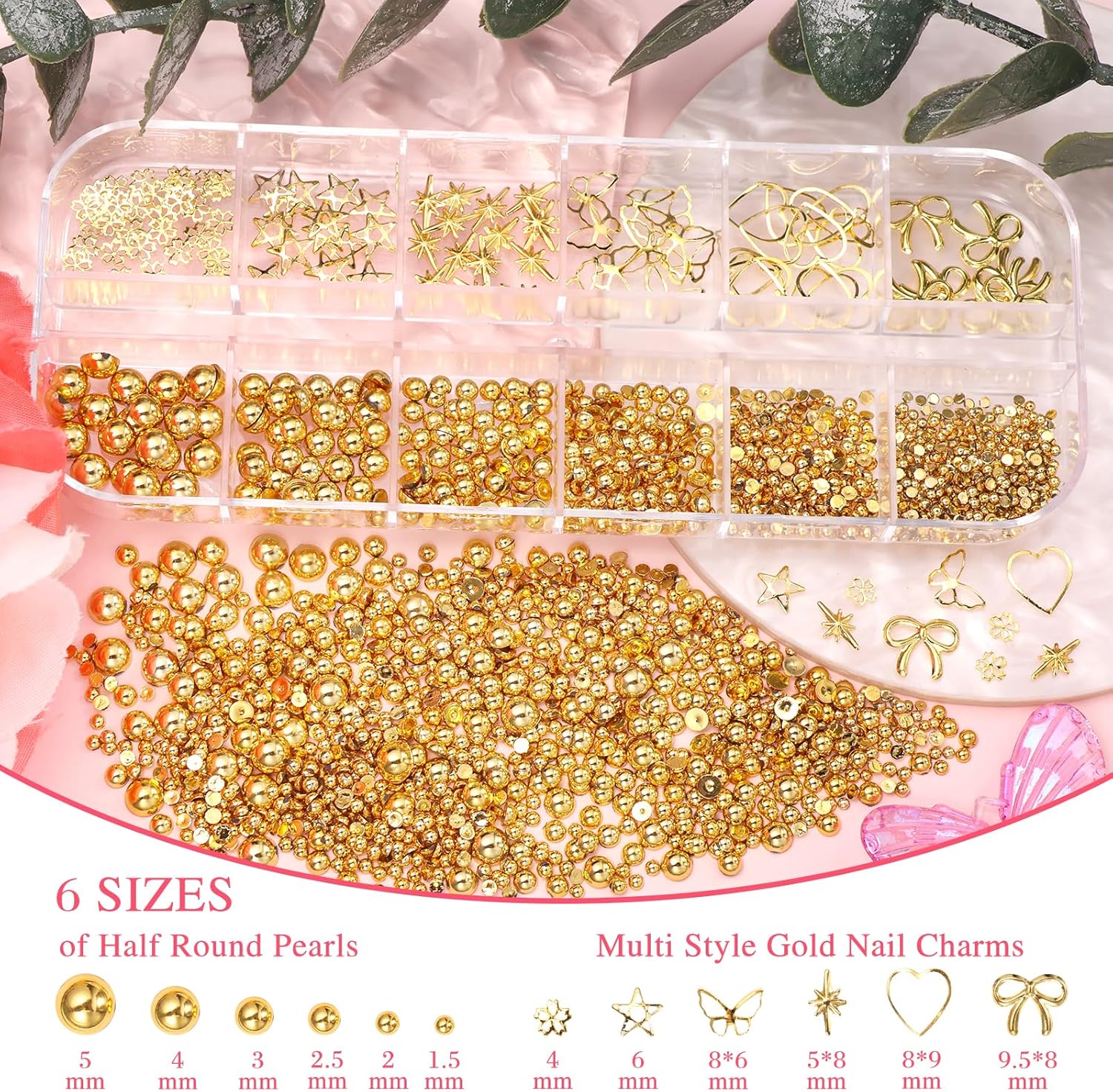 2 Boxes Alloy Gold Nail Charms, 3D Butterfly Star Cherry Nails Gems Charms, Mixed Shapes Golden Bows Heart Star Nail Studs Gold Flatback Pearls Beads for Nails Art Design DIY Accessories-GlimoraGlow