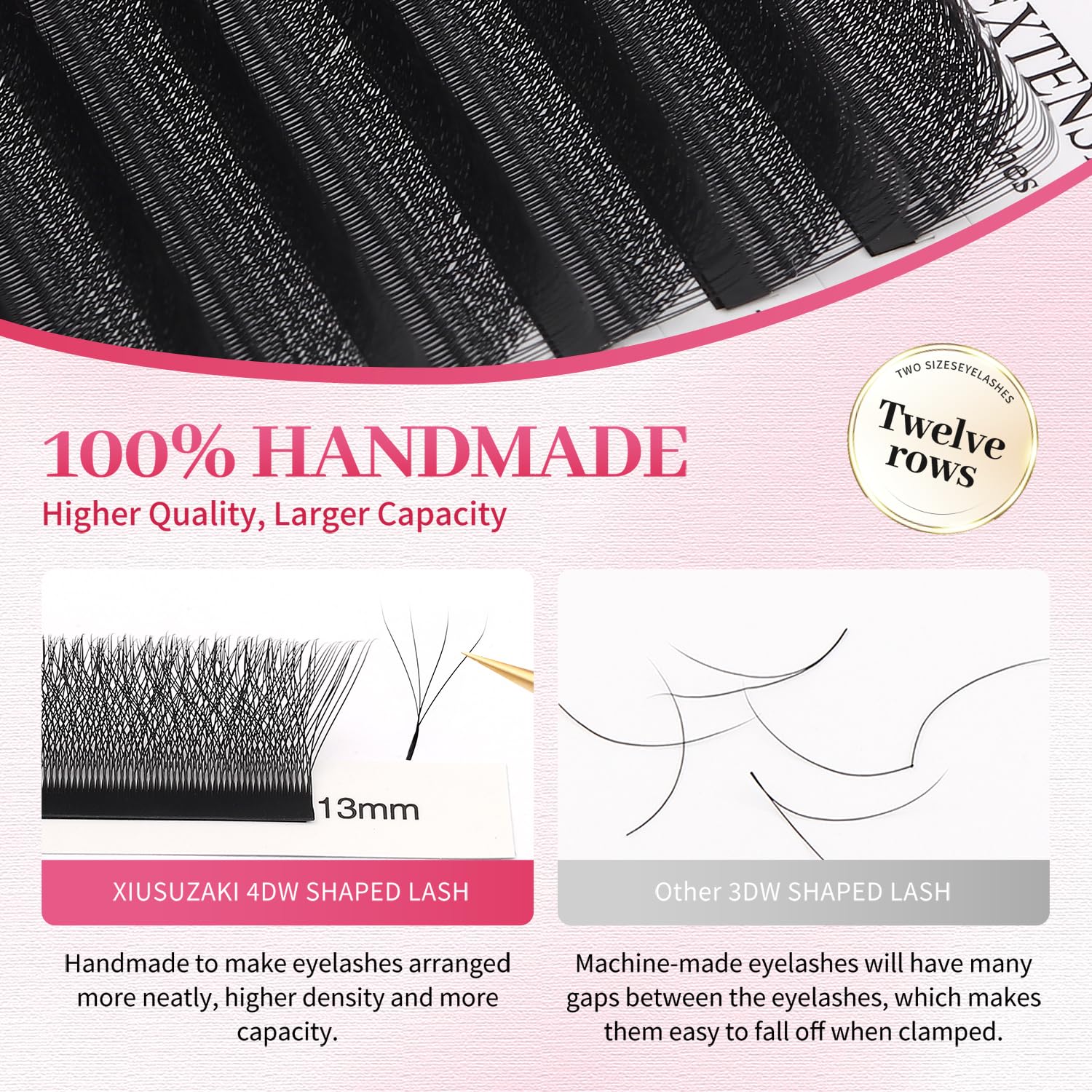W Lash Extensions Supplies 4D Eyelash Extensions W Shape 0.07mm Thickness C Curl 13mm Premade Fans Easy Fan Lashes Volume Matte Black 12 Rows Crisscross Eye Lashes(W-4D-0.07-C,13mm)-GlimoraGlow