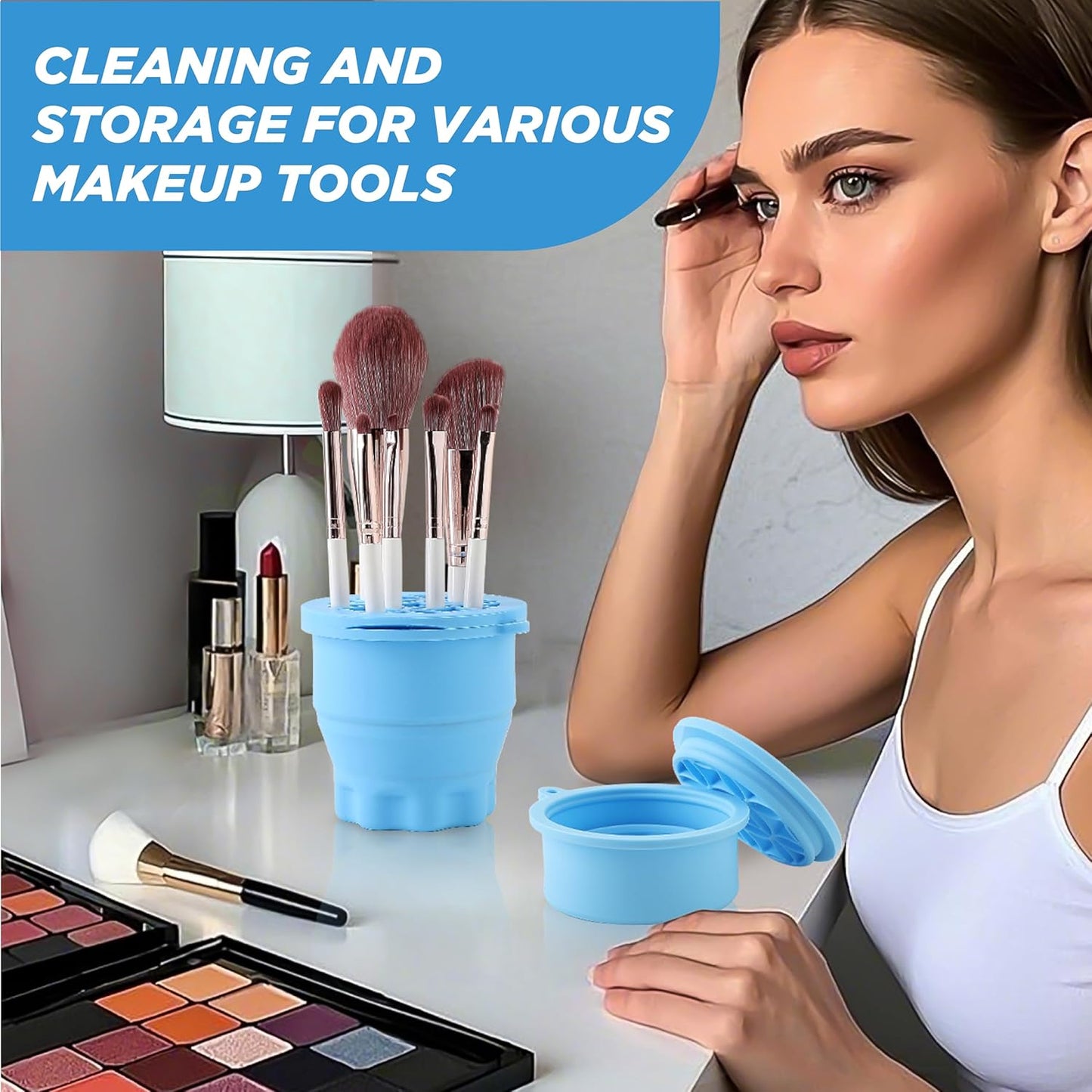 Makeup Brush Cleaner - Foldable Silicone Makeup Brush Cleaner Mat with Brush Storage Holder Makeup Brush Cleaning Bowl Cosmetic Brush Washing Tool for Cleaning Organizer and Drying (Blue)-GlimoraGlow