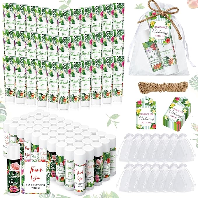200 Pcs Baby Shower Wedding Party Favors Gift Set, 50 Pcs Baby Shower Hand Cream and 50 Lip Balm for Wedding Bridesmaid Guests Gift Supplies with 50 Organza Bag 50 Thank You Tag(Tropical)-GlimoraGlow