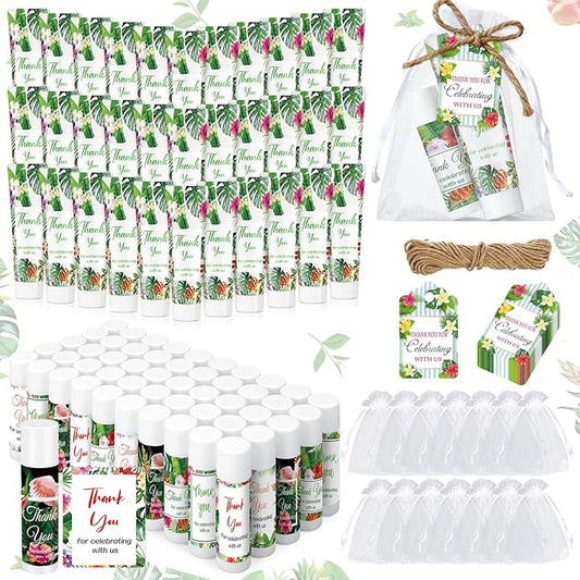 200 Pcs Baby Shower Wedding Party Favors Gift Set, 50 Pcs Baby Shower Hand Cream and 50 Lip Balm for Wedding Bridesmaid Guests Gift Supplies with 50 Organza Bag 50 Thank You Tag(Tropical)-GlimoraGlow