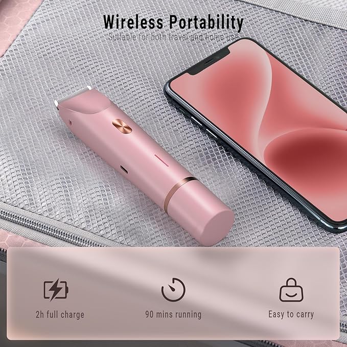 2-in-1 Bikini Trimmer for Women, Bikini Shaver with Dual Heads, Painless Body and Facial Hair Removal, Rechargeable Cordless Electric Razors for Face Chin Pubic Underarm Legs, IPX7 Waterproof, Pink-GlimoraGlow