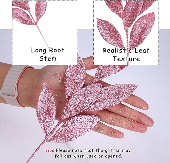GREENTIME 12 Pack Artificial Pink Glitter Leaves 13" Fake Christmas Picks Decorative Glitter Sticks for Vase Christmas Tree DIY Wreath Crafts Fireplace Decor