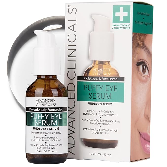 Advanced Clinicals Puffy Eye Under Eye Serum | Visible Anti Aging Brightening Vitamin C + Caffeine Serum Helps Improve Look Of Puffiness, Fine Lines, Dark Circles, & Uneven Skin Tone, 1.75 Fl Oz-GlimoraGlow