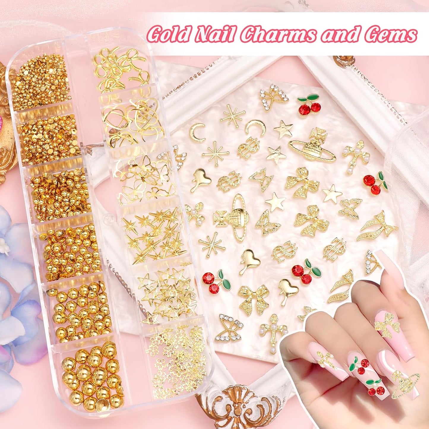 2 Boxes Alloy Gold Nail Charms, 3D Butterfly Star Cherry Nails Gems Charms, Mixed Shapes Golden Bows Heart Star Nail Studs Gold Flatback Pearls Beads for Nails Art Design DIY Accessories-GlimoraGlow