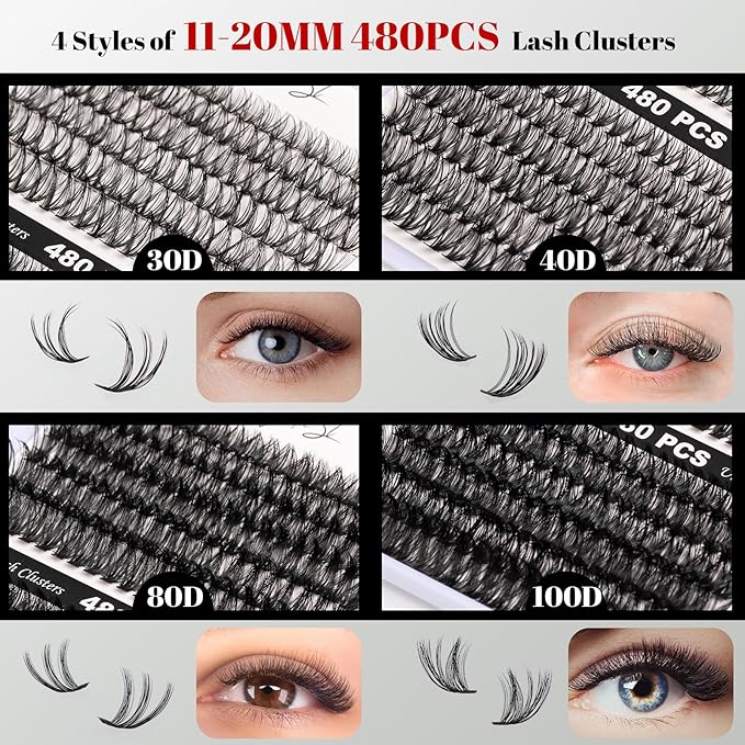Lash Clusters 480 Clusters 60D 80D Thick Eyelash Extension 30D 40D Individual Eyelashes D Curl 11-20mm False Eyelash Multi-Style DIY Lash Extensions for Beginners(30D-80D-D, 11-20MIX)-GlimoraGlow