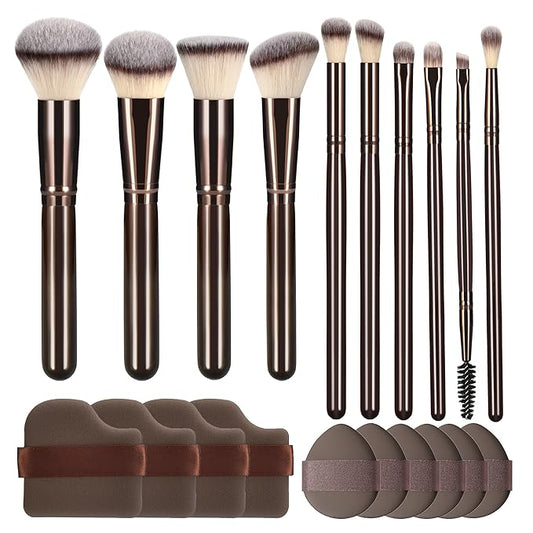 10 Piece Black brown Makeup Brushes and 10 Piece Makeup Sponge – Wooden Handle,with Soft Synthetic Bristles,|Professional Makeup Brushes set for Women & Girls|-GlimoraGlow