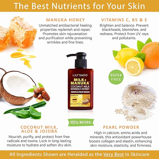 LILY SADO MILK+MANUKA™ Coconut Milk & Manuka Honey Gentle Gel Face Cleanser - Natural Cruelty-Free Facial Wash Cleanses, Balances, Soothes & Hydrates - Reduces Pores & Blackheads - 5oz-GlimoraGlow