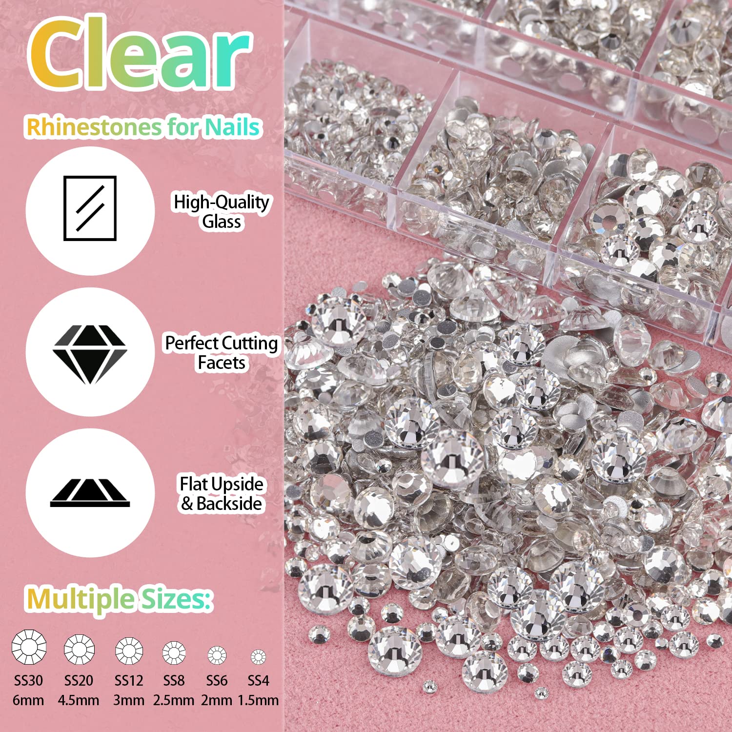 1.5-6mm Round Flatback Face Gems Kit (Clear) for Makeup with Quick Dry Glue + Brush + Tweezer, Nail Art Rhinestones Transparent White Glass Crystal Beads for Make-up Deco-GlimoraGlow