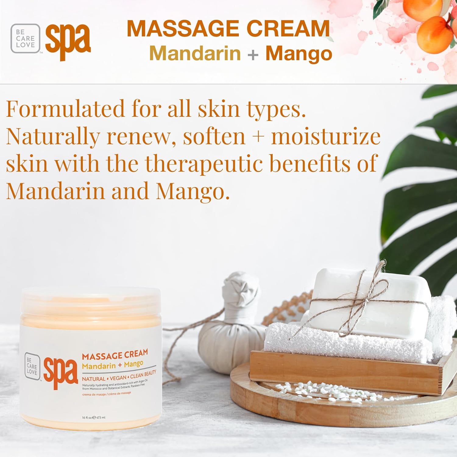 BCL SPA Massage Cream organic Mandarin + Mango body lotion with shea butter, aloe vera, peppermint, argan and jojoba oils, body cream to invigorate, hydrate and soften the skin. Home/Pro use 16 fl oz-GlimoraGlow
