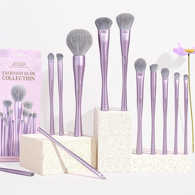 Jessup Makeup Brushes Set Professional 14pcs Vegan Make Up Brushes, Foundation Eyeshadow Concealer Contour Powder Blush Blending Eyeliner Brush, Premium Synthetic Fiber, Luxury Purple T512-GlimoraGlow