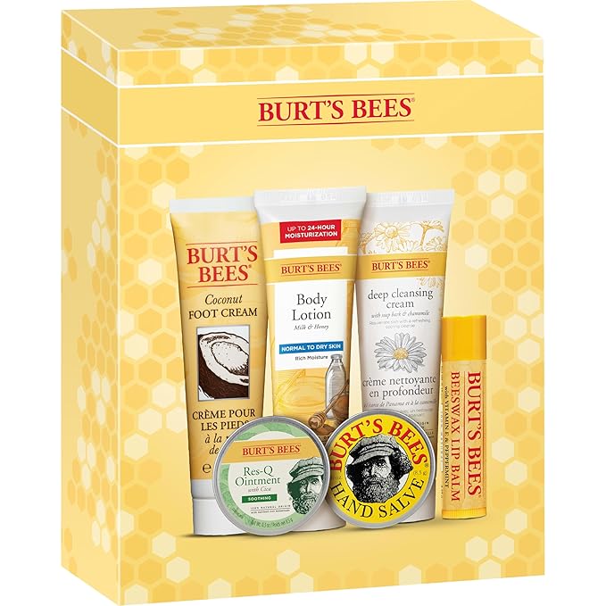 Burt's Bees Back to School Gifts Ideas, 6 College Dorm Products, Timeless Minis Set – Beeswax Lip Balm, Coconut Foot Cream, Milk & Honey Body Lotion, Deep Cleansing Cream, Res-Q Ointment & Hand Salve-GlimoraGlow