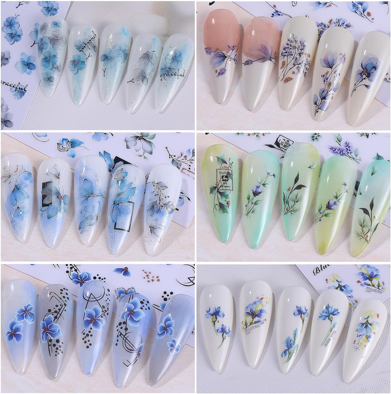 Ink Flower Nail Art Stickers 12 Sheets 3D Self-Adhesive Nail Decals with Tweezers Watercolor Floral Leaves Stickers Charming Blossom Flowers Designs Nail Art Supplies Manicure Accessories for Women-GlimoraGlow